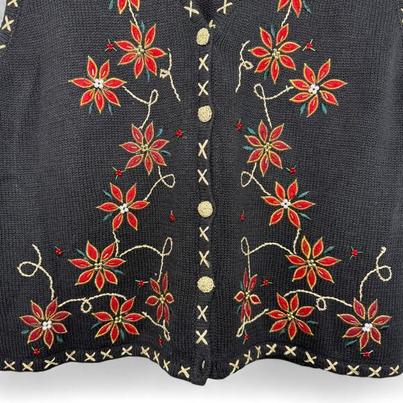 Vintage Bobbie Brooks XL Poinsettia Holiday Sweater Vest Grandmacore Beaded - Picture 3 of 7